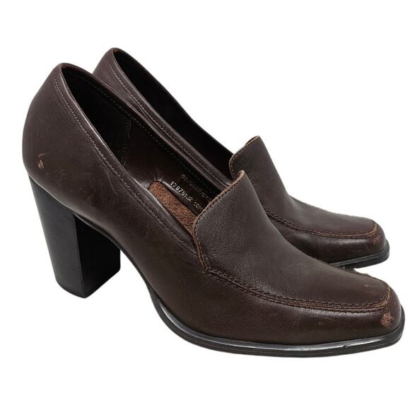 Vintage 90s 10 Brown Leather Chunky Heel Loafer Whimsygoth Square Toe Academia - Picture 1 of 6
